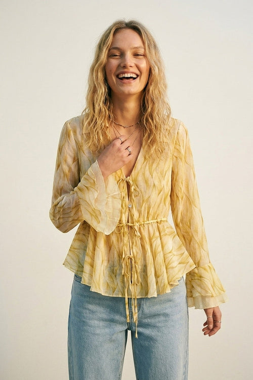 Yellow Sheer Printed Tie-Waist Blouse with Ruffled Hem