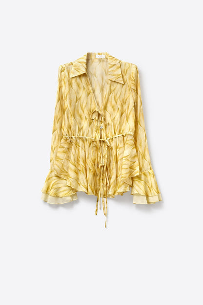 Yellow Sheer Printed Tie-Waist Blouse with Ruffled Hem
