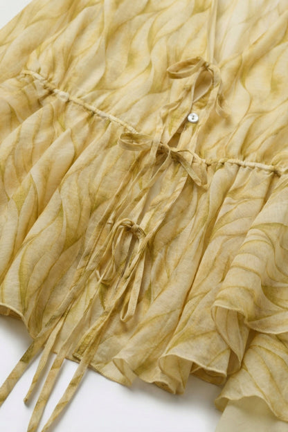 Yellow Sheer Printed Tie-Waist Blouse with Ruffled Hem