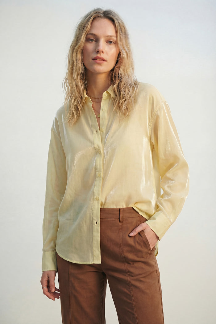 Yellow shiny satin shirt Button-Down Shirt with Relaxed Fit - Shirts