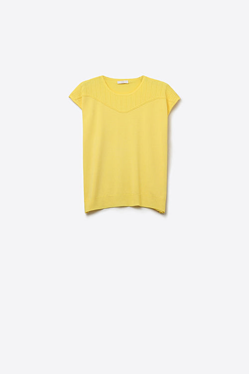 Yellow Short Sleeve Knit sweater with Ribbed Detail