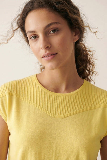 Yellow Short Sleeve Knit sweater with Ribbed Detail