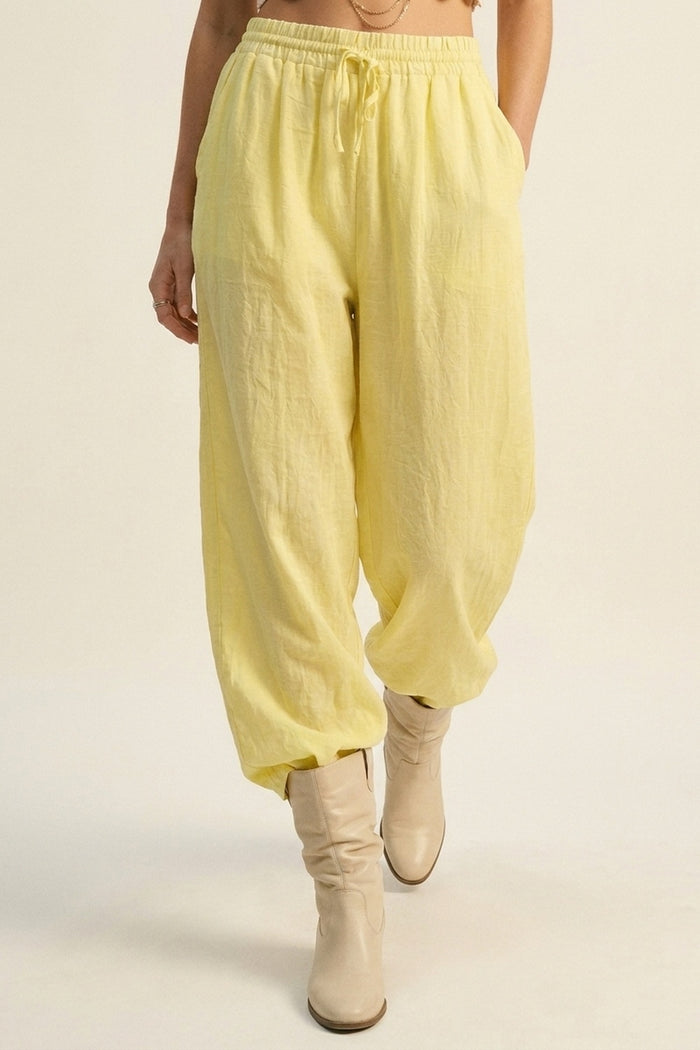 Yellow Wide-Leg Drawstring Pants with sheer fabric - trousers