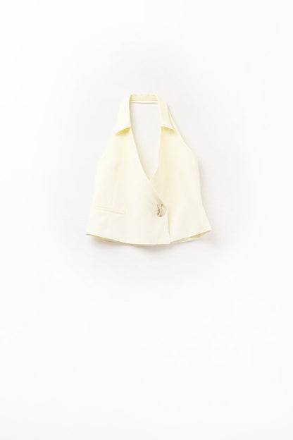 Yellow wrap vest with detailed gold button