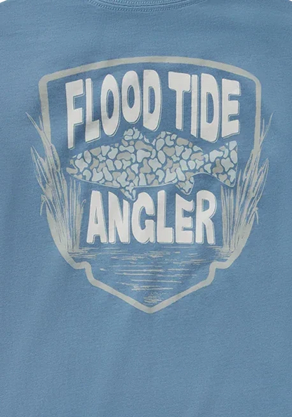 Blue t-shirt with 'Flood Tide Angler' graphic on a white background