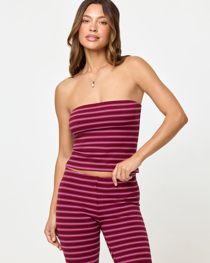 LSPACE Zinnia Top in Sipping Sangria Stripe, close-up detail view on model.