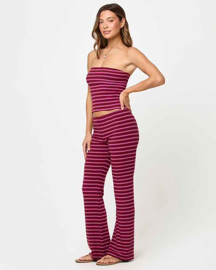 LSPACE Zinnia Top in Sipping Sangria Stripe, three-quarter view on model.