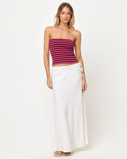 LSPACE Zinnia Top in Sipping Sangria Stripe, front view on model styled with white maxi skirt.